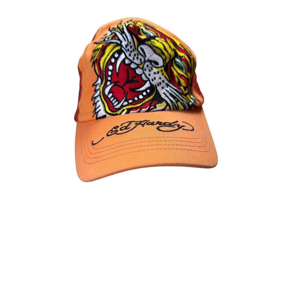 Vintage Ed Hardy Trucker Cap Orange Tiger Embroidery Mesh Back Snapback